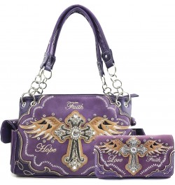 Women's Concealed Carry Angel Wings Cross Faith Hope Love Western Handbag Tote Purse Purple Handbag Wallet Set $30.30 Totes