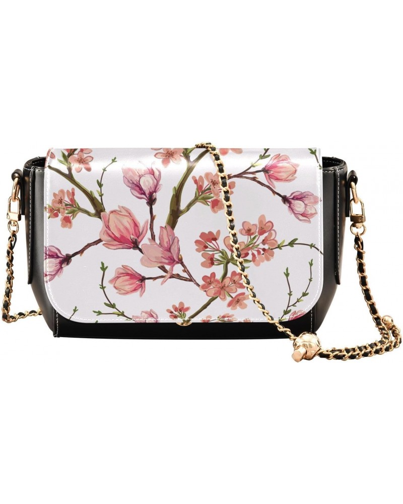 Flowers Magnolia Flower PU Leather Crossbody Handbag for Women Shoulder Purse with Adjustable Metal Chain Waterproof Travel P...