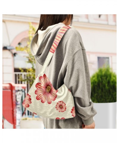 Daisy Floral Beige Furry Tote Bag for Women Crossbody Bag Travel Shoulder Bags Handbags Puffer Tote with Zipper for Daily Use...