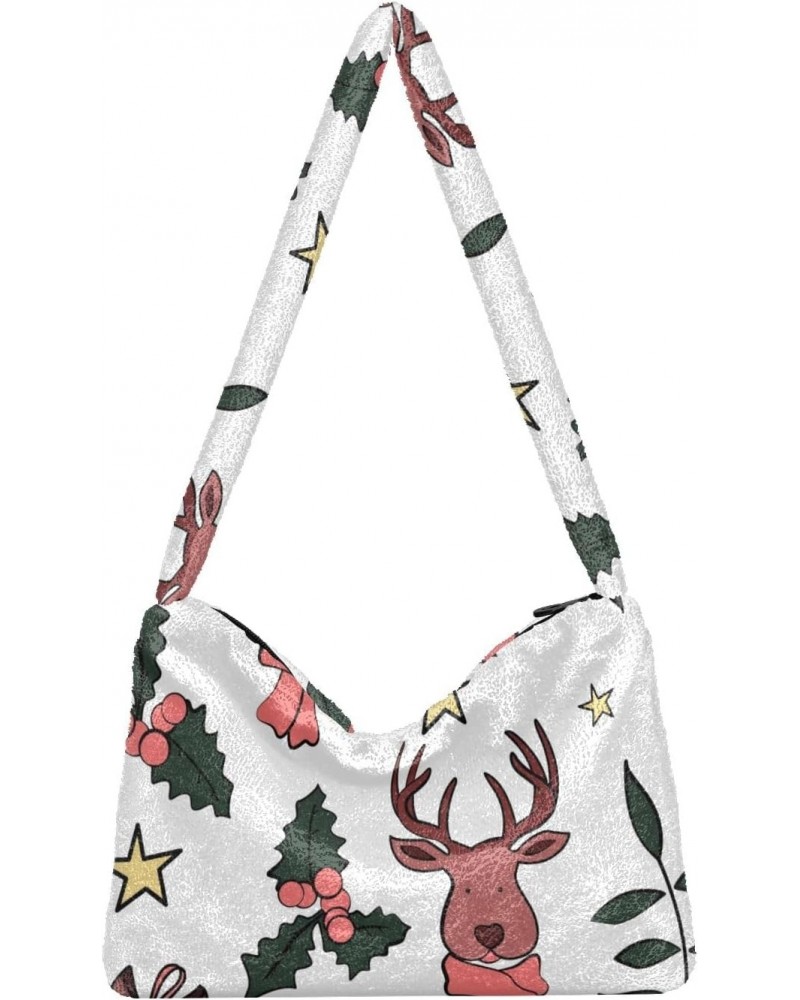 Plush Underarm Bag-Christmas Deer Amd Star, Ladies Fluffy Shoulder Bag, Women Fluffy Tote Bag for Autumn and Winter $14.03 Totes