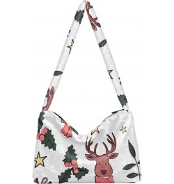 Plush Underarm Bag-Christmas Deer Amd Star, Ladies Fluffy Shoulder Bag, Women Fluffy Tote Bag for Autumn and Winter $14.03 Totes