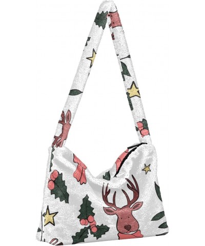 Plush Underarm Bag-Christmas Deer Amd Star, Ladies Fluffy Shoulder Bag, Women Fluffy Tote Bag for Autumn and Winter $14.03 Totes