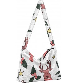 Plush Underarm Bag-Christmas Deer Amd Star, Ladies Fluffy Shoulder Bag, Women Fluffy Tote Bag for Autumn and Winter $14.03 Totes