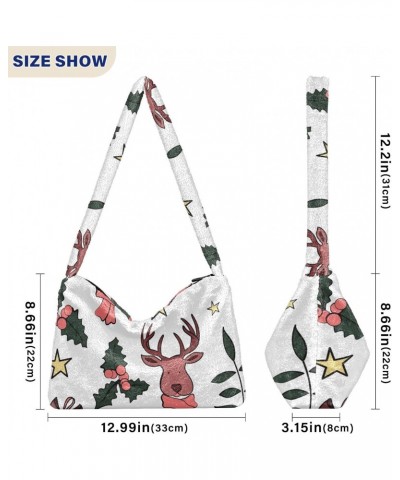 Plush Underarm Bag-Christmas Deer Amd Star, Ladies Fluffy Shoulder Bag, Women Fluffy Tote Bag for Autumn and Winter $14.03 Totes