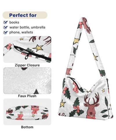 Plush Underarm Bag-Christmas Deer Amd Star, Ladies Fluffy Shoulder Bag, Women Fluffy Tote Bag for Autumn and Winter $14.03 Totes