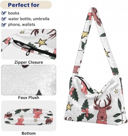 Plush Underarm Bag-Christmas Deer Amd Star, Ladies Fluffy Shoulder Bag, Women Fluffy Tote Bag for Autumn and Winter $14.03 Totes