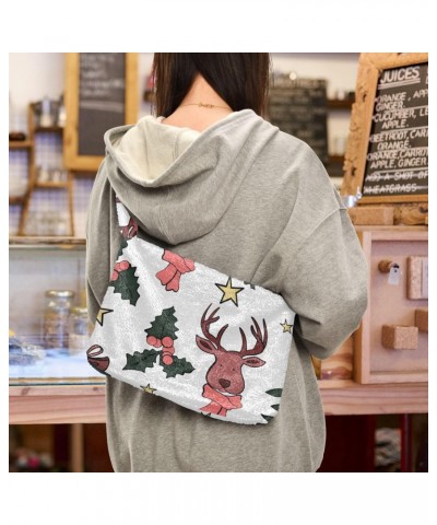 Plush Underarm Bag-Christmas Deer Amd Star, Ladies Fluffy Shoulder Bag, Women Fluffy Tote Bag for Autumn and Winter $14.03 Totes