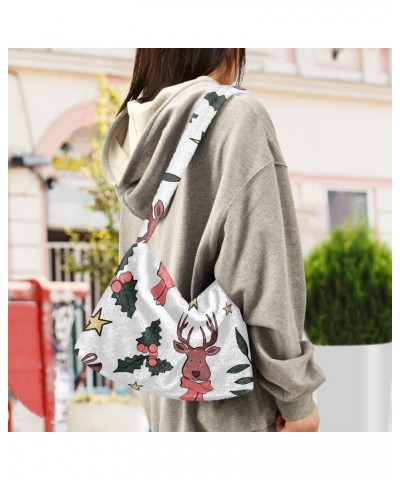 Plush Underarm Bag-Christmas Deer Amd Star, Ladies Fluffy Shoulder Bag, Women Fluffy Tote Bag for Autumn and Winter $14.03 Totes