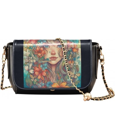 Girl with Flowers Stylish Leather Clamshell Crossbody Handbag with Detachable Adjustable shoulder strap $20.00 Crossbody Bags