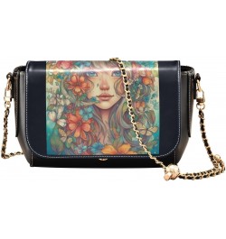 Girl with Flowers Stylish Leather Clamshell Crossbody Handbag with Detachable Adjustable shoulder strap $20.00 Crossbody Bags