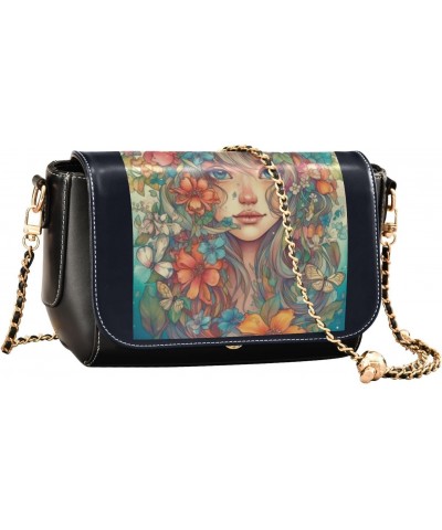 Girl with Flowers Stylish Leather Clamshell Crossbody Handbag with Detachable Adjustable shoulder strap $20.00 Crossbody Bags