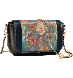 Girl with Flowers Stylish Leather Clamshell Crossbody Handbag with Detachable Adjustable shoulder strap $20.00 Crossbody Bags