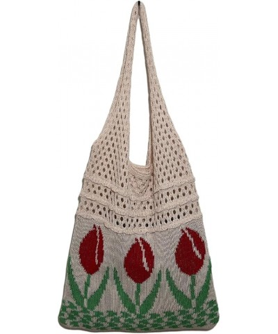 Crochet Beach Bag Tote Women Hobo Handbag Y2k Tulip Rose Flower Shoulder Bag Cute Patterns Hollow Hippie Purse Summer A-beige...