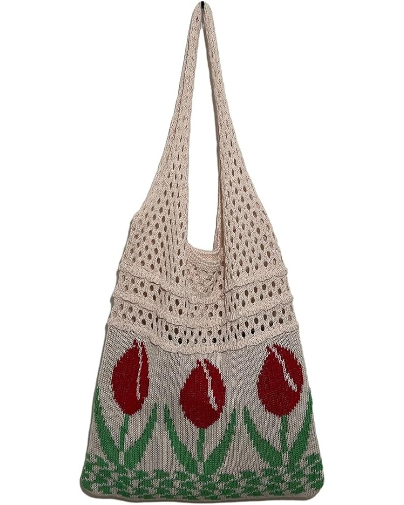 Crochet Beach Bag Tote Women Hobo Handbag Y2k Tulip Rose Flower Shoulder Bag Cute Patterns Hollow Hippie Purse Summer A-beige...