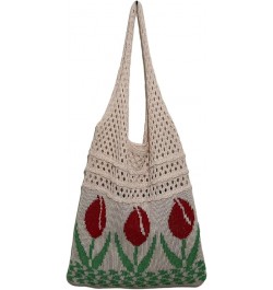 Crochet Beach Bag Tote Women Hobo Handbag Y2k Tulip Rose Flower Shoulder Bag Cute Patterns Hollow Hippie Purse Summer A-beige...