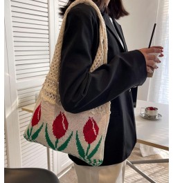 Crochet Beach Bag Tote Women Hobo Handbag Y2k Tulip Rose Flower Shoulder Bag Cute Patterns Hollow Hippie Purse Summer A-beige...