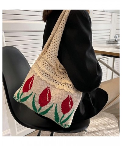 Crochet Beach Bag Tote Women Hobo Handbag Y2k Tulip Rose Flower Shoulder Bag Cute Patterns Hollow Hippie Purse Summer A-beige...