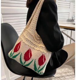 Crochet Beach Bag Tote Women Hobo Handbag Y2k Tulip Rose Flower Shoulder Bag Cute Patterns Hollow Hippie Purse Summer A-beige...