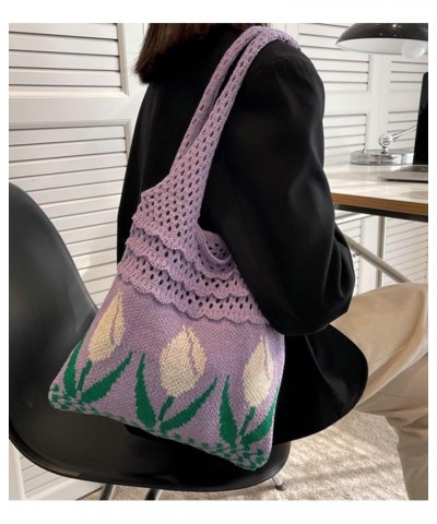 Crochet Beach Bag Tote Women Hobo Handbag Y2k Tulip Rose Flower Shoulder Bag Cute Patterns Hollow Hippie Purse Summer A-beige...