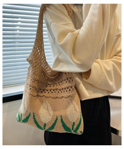 Crochet Beach Bag Tote Women Hobo Handbag Y2k Tulip Rose Flower Shoulder Bag Cute Patterns Hollow Hippie Purse Summer A-beige...