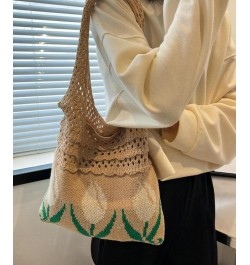 Crochet Beach Bag Tote Women Hobo Handbag Y2k Tulip Rose Flower Shoulder Bag Cute Patterns Hollow Hippie Purse Summer A-beige...