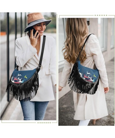 Women Fringe Tassel Cross Body Bag White Snowmans with Gifts Leisure Shoulder Bag Color435 $11.63 Crossbody Bags