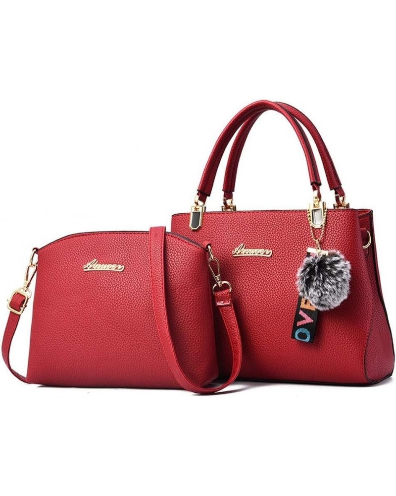 2Pcs Women's Bag Set PU Lychee Pattern Hair Ball Shoulder Large Capacity Handbag (rubber powder) Wine Red $48.40 Totes