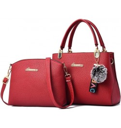 2Pcs Women's Bag Set PU Lychee Pattern Hair Ball Shoulder Large Capacity Handbag (rubber powder) Wine Red $48.40 Totes