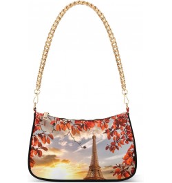 Eiffel Tower with Autumn Leaves Shoulder Bags for Women, Mini Purse Small Shoulder Purses for Women Handbags Clutch Purse Tre...