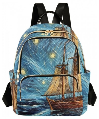 Small Fashion Backpack for Women Starry Night Boat Print Ladies Travel Daypack Aesthetic Shoulder Bag 11.4×6.1×14.1 IN $17.59...