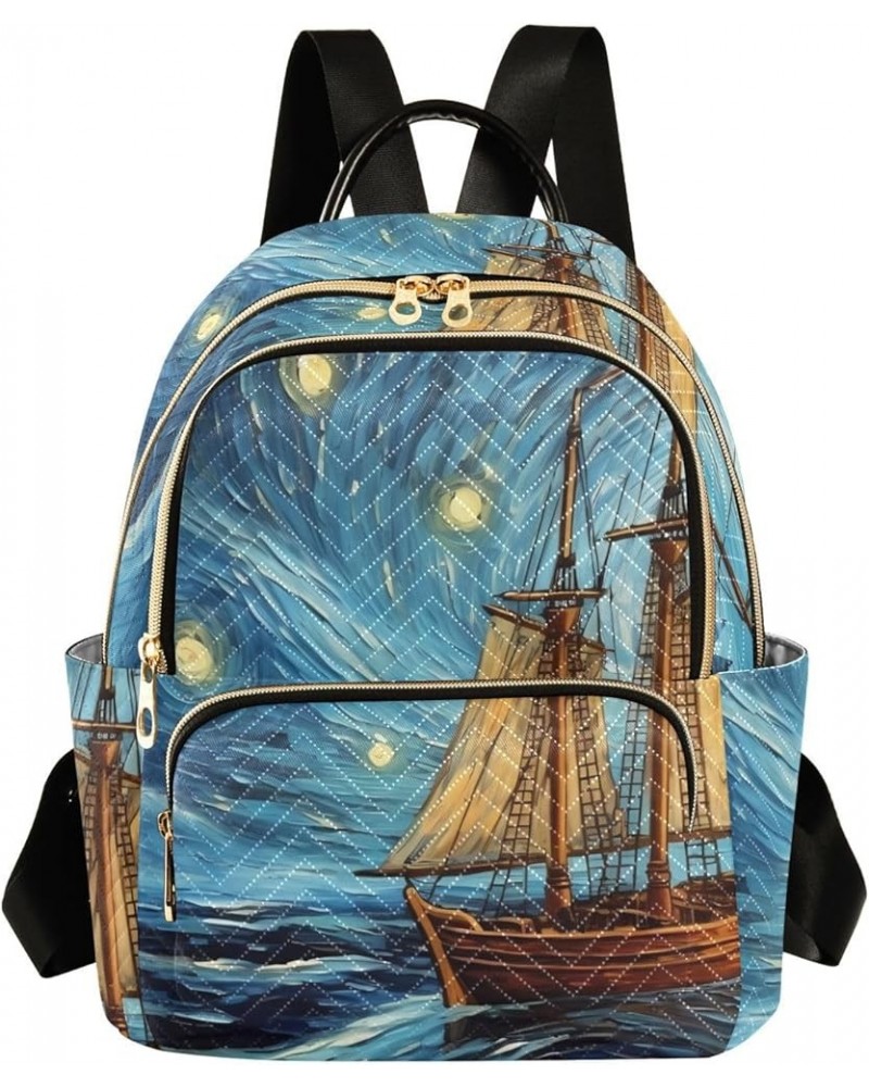 Small Fashion Backpack for Women Starry Night Boat Print Ladies Travel Daypack Aesthetic Shoulder Bag 11.4×6.1×14.1 IN $17.59...