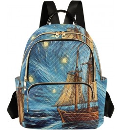 Small Fashion Backpack for Women Starry Night Boat Print Ladies Travel Daypack Aesthetic Shoulder Bag 11.4×6.1×14.1 IN $17.59...