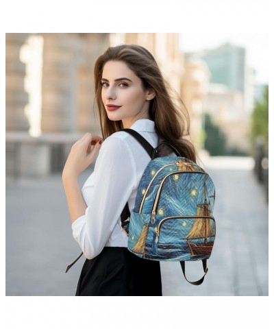 Small Fashion Backpack for Women Starry Night Boat Print Ladies Travel Daypack Aesthetic Shoulder Bag 11.4×6.1×14.1 IN $17.59...