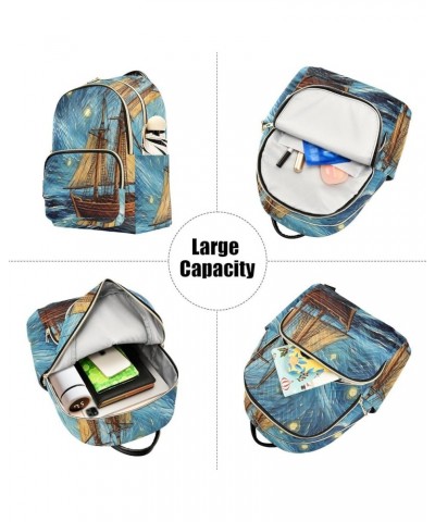 Small Fashion Backpack for Women Starry Night Boat Print Ladies Travel Daypack Aesthetic Shoulder Bag 11.4×6.1×14.1 IN $17.59...