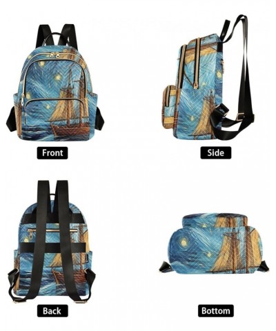 Small Fashion Backpack for Women Starry Night Boat Print Ladies Travel Daypack Aesthetic Shoulder Bag 11.4×6.1×14.1 IN $17.59...