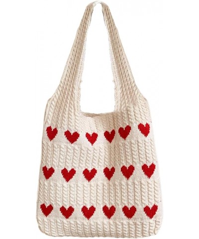 Women Large Heart Patten Acrylic fibers Knit Shoulder Bag Beach Travel Top-handle Bag Tote Apricot $16.96 Totes