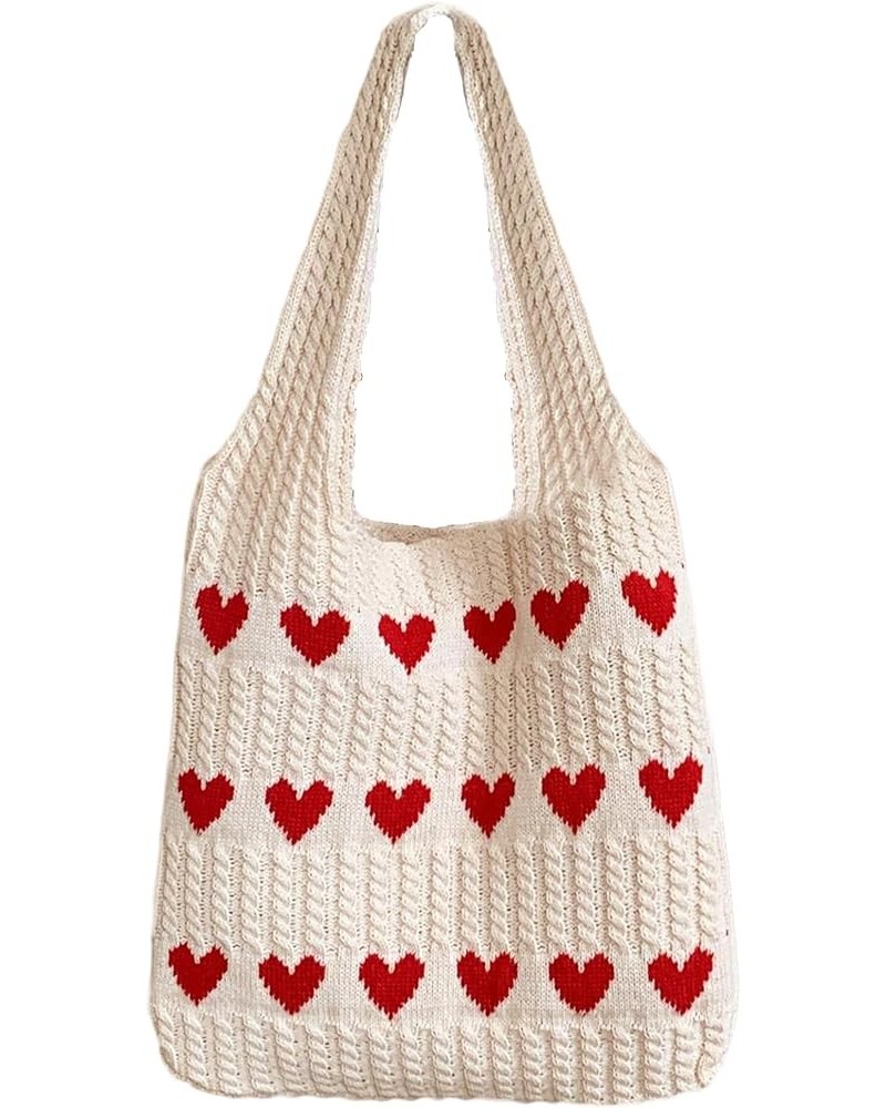 Women Large Heart Patten Acrylic fibers Knit Shoulder Bag Beach Travel Top-handle Bag Tote Apricot $16.96 Totes