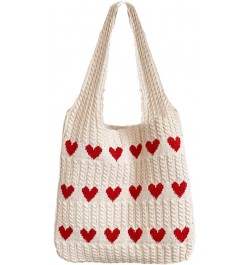 Women Large Heart Patten Acrylic fibers Knit Shoulder Bag Beach Travel Top-handle Bag Tote Apricot $16.96 Totes