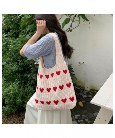 Women Large Heart Patten Acrylic fibers Knit Shoulder Bag Beach Travel Top-handle Bag Tote Apricot $16.96 Totes