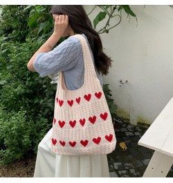 Women Large Heart Patten Acrylic fibers Knit Shoulder Bag Beach Travel Top-handle Bag Tote Apricot $16.96 Totes