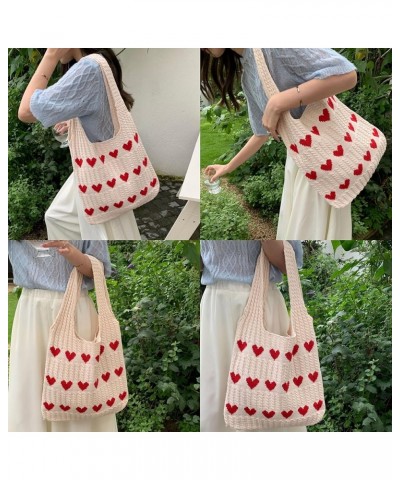 Women Large Heart Patten Acrylic fibers Knit Shoulder Bag Beach Travel Top-handle Bag Tote Apricot $16.96 Totes