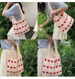 Women Large Heart Patten Acrylic fibers Knit Shoulder Bag Beach Travel Top-handle Bag Tote Apricot $16.96 Totes