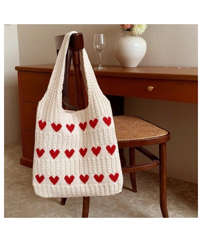 Women Large Heart Patten Acrylic fibers Knit Shoulder Bag Beach Travel Top-handle Bag Tote Apricot $16.96 Totes