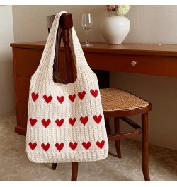 Women Large Heart Patten Acrylic fibers Knit Shoulder Bag Beach Travel Top-handle Bag Tote Apricot $16.96 Totes