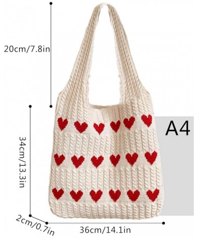 Women Large Heart Patten Acrylic fibers Knit Shoulder Bag Beach Travel Top-handle Bag Tote Apricot $16.96 Totes