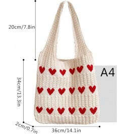 Women Large Heart Patten Acrylic fibers Knit Shoulder Bag Beach Travel Top-handle Bag Tote Apricot $16.96 Totes