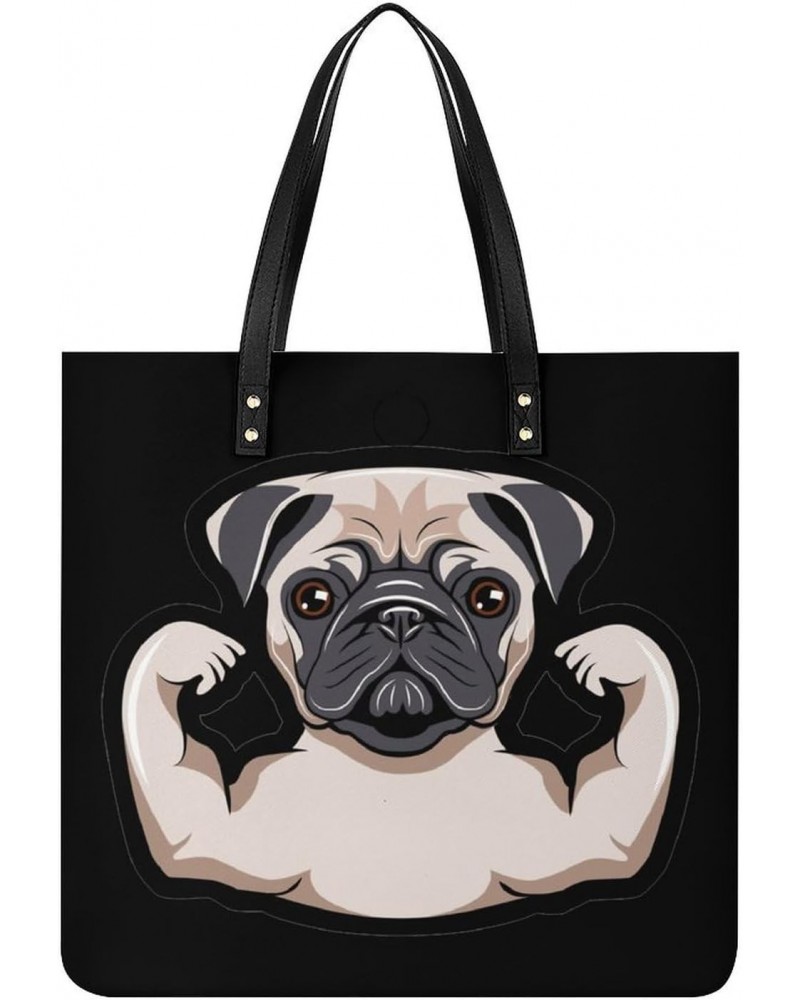 Funny Pug Dog Musculs Tote Bag PU Leather Handbag Fashion Sling Bag Shoulder Purse Top Handle Handbags for Women $18.35 Totes