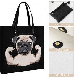 Funny Pug Dog Musculs Tote Bag PU Leather Handbag Fashion Sling Bag Shoulder Purse Top Handle Handbags for Women $18.35 Totes