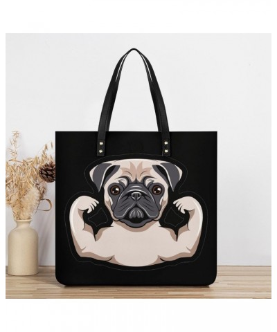 Funny Pug Dog Musculs Tote Bag PU Leather Handbag Fashion Sling Bag Shoulder Purse Top Handle Handbags for Women $18.35 Totes