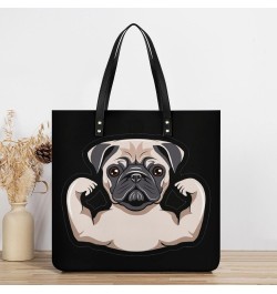 Funny Pug Dog Musculs Tote Bag PU Leather Handbag Fashion Sling Bag Shoulder Purse Top Handle Handbags for Women $18.35 Totes